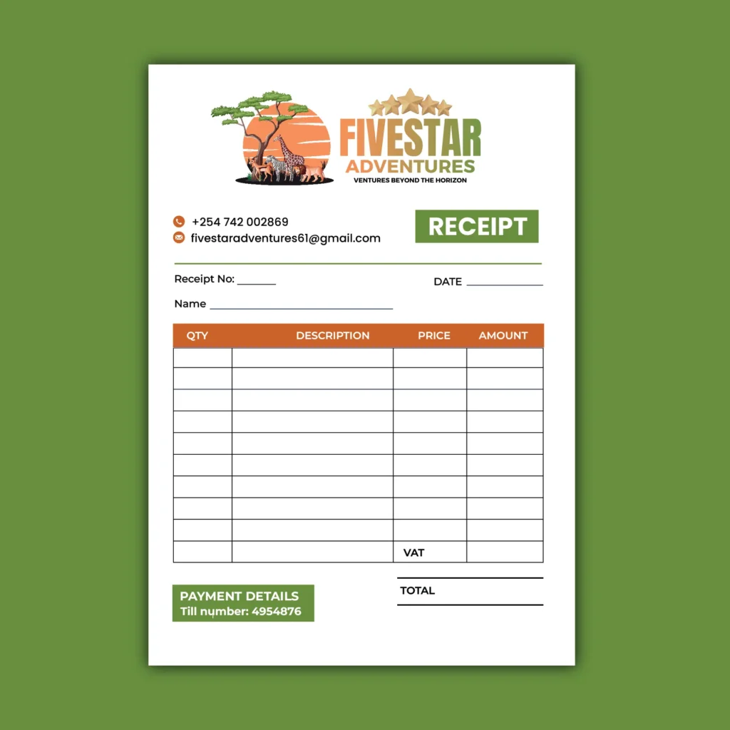 Custom receipt book design and printing by Doply Creative Kenya